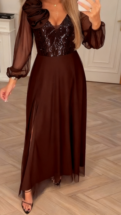 Obleka s čipkastimi rokavi, bleščicami in cvetličnimi okraski.-SI