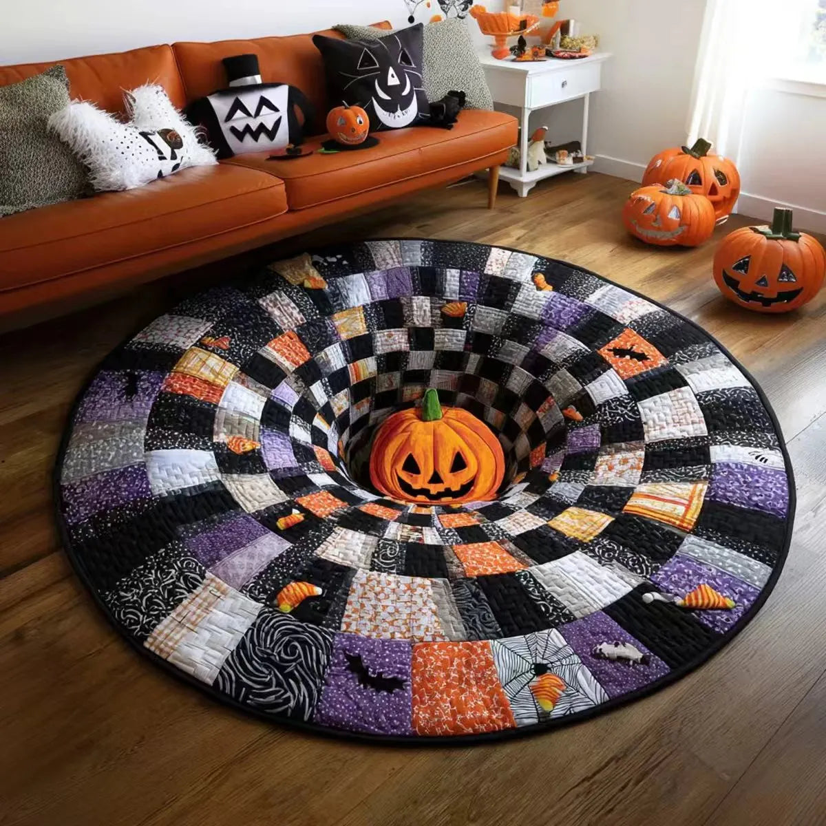 🔥Paskutinis išpardavimas🎃Dygsniuotas apvalus Helovino kilimėlis su 3D skeletu ir sūkuriu-LT
