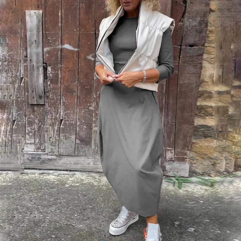 Paprasta elegantiška suknelė moterims su kišenėmis-LT