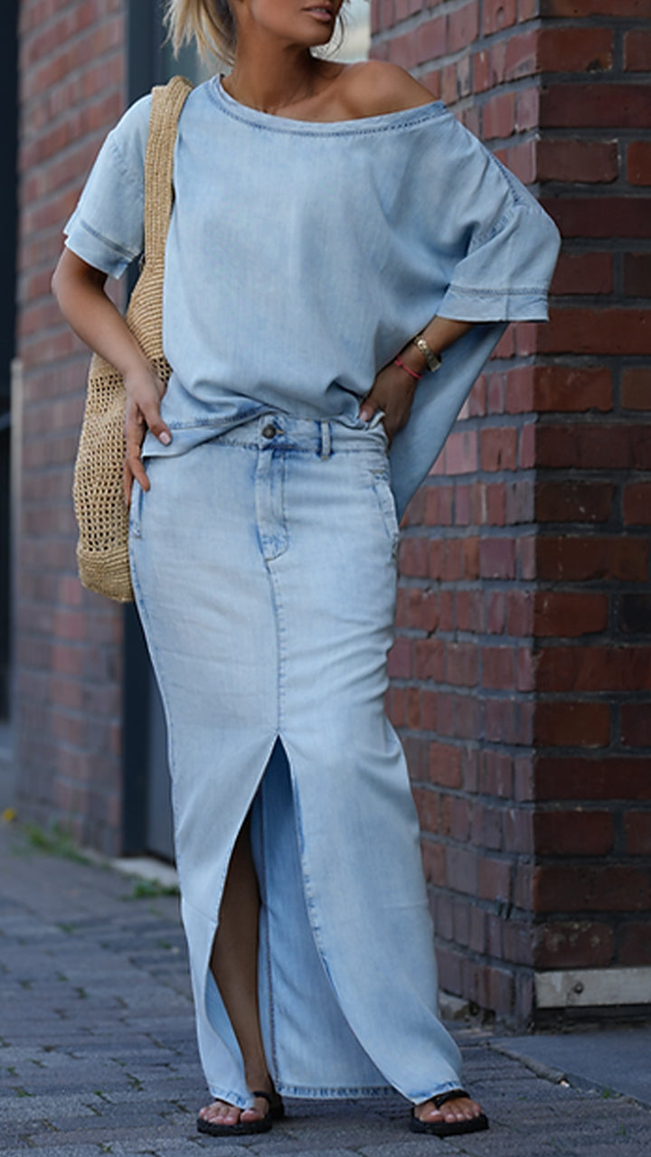 Traje casual de cuello redondo para mujer en denim Tencel-ES