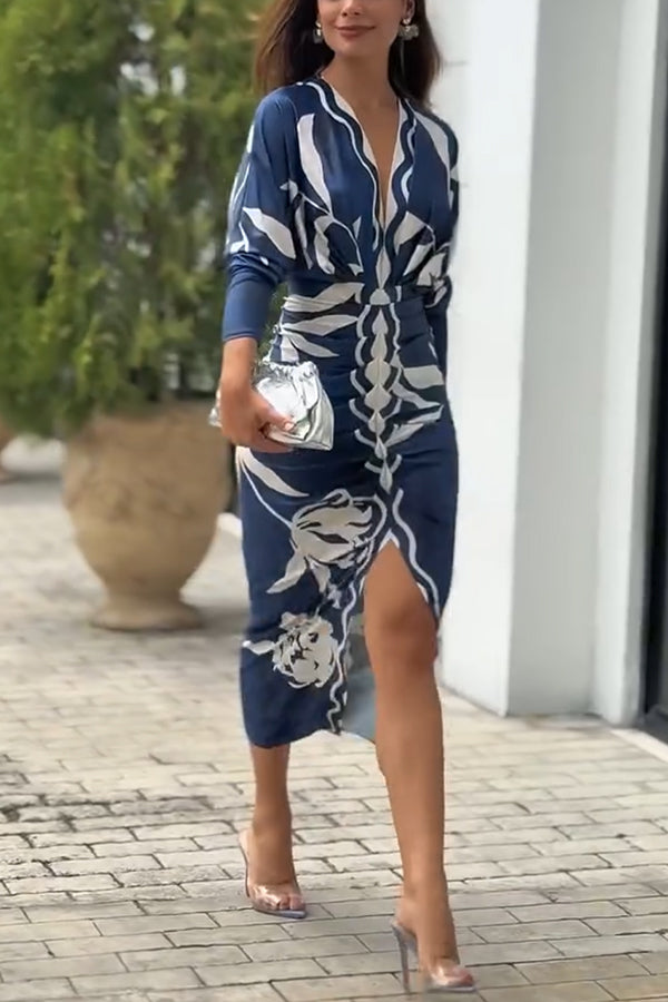 Vestido midi brasileño único con estampado de murciélago y mangas largas plisadas-ES