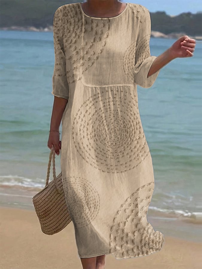 Vestido informal de algodón y lino con cuello redondo, manga corta y estampado floral para mujer, color liso-ES