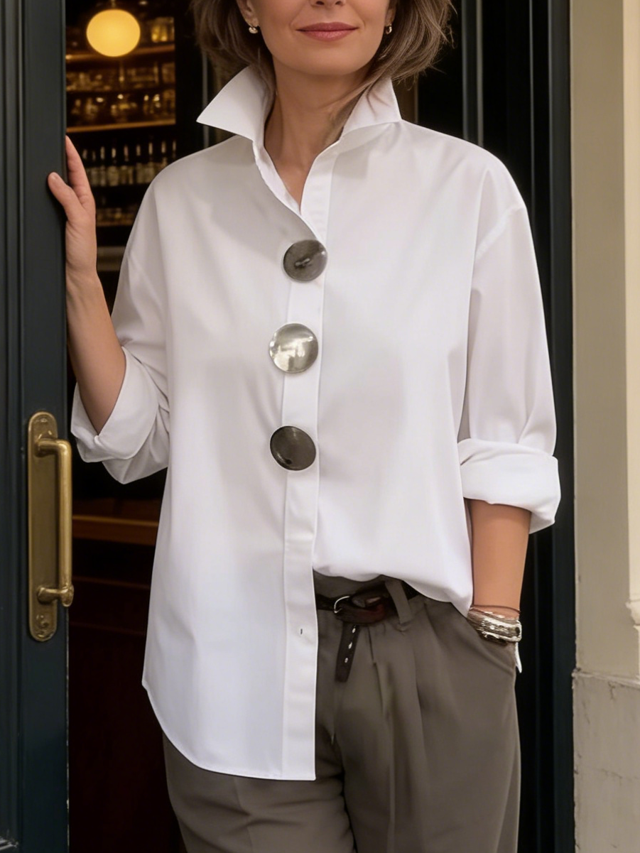 Κομψή μπλούζα από βαμβάκι και λινό με όρθιο γιακά και μεταλλικά κουμπιά-GR