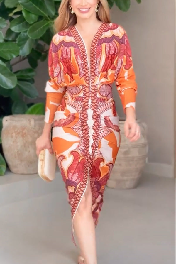 Vestido midi brasileño único con estampado de murciélago y mangas largas plisadas-ES