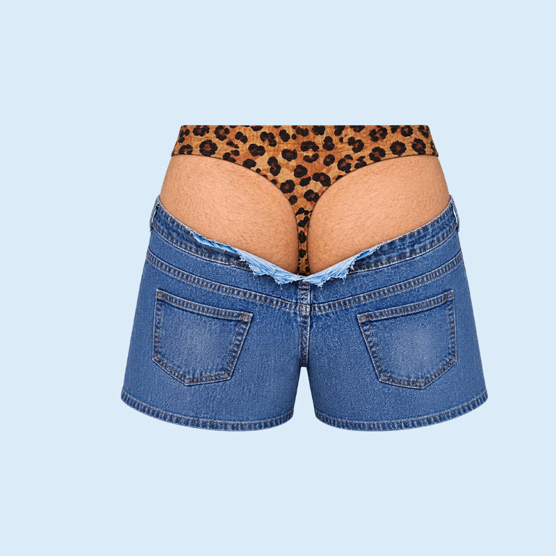 Juokingi leopardo rašto dirbtinio džinso maudymosi šortai | „Novelty Illusion“ paplūdimio glaudės-LT