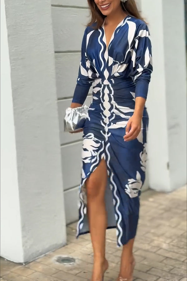 Vestido midi brasileño único con estampado de murciélago y mangas largas plisadas-ES