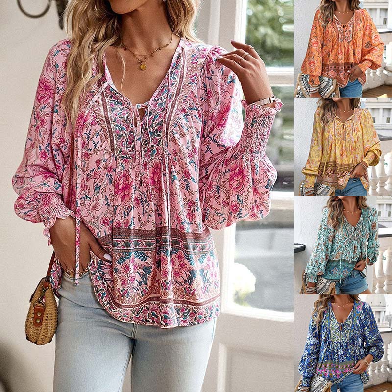 【S-2XL】🌺Moteriški madingi marškinėliai ilgomis rankovėmis spausdinti V formos iškirpte-LT