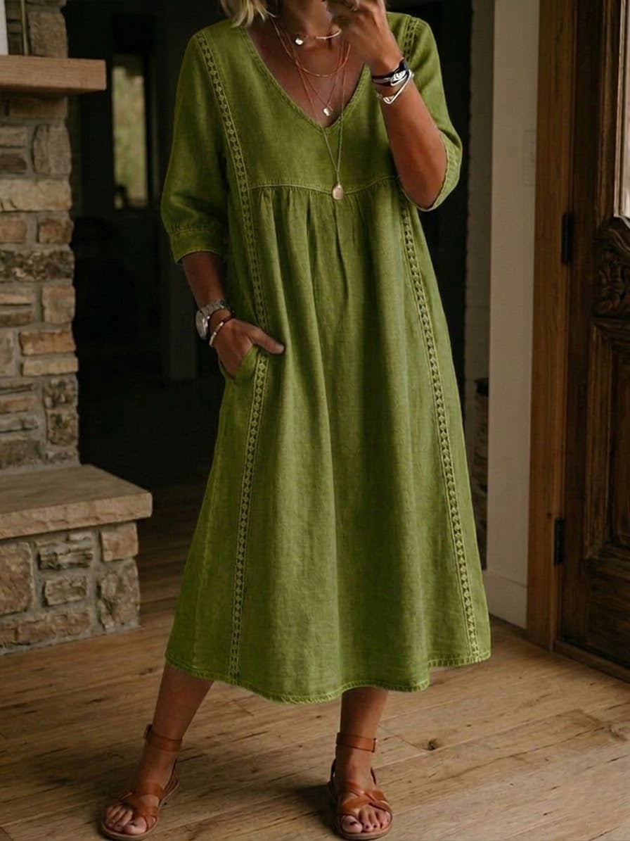 Laisva, kasdieniška suknelė iš lininio ir medvilninio audinio su nėrinių apdaila.-LT