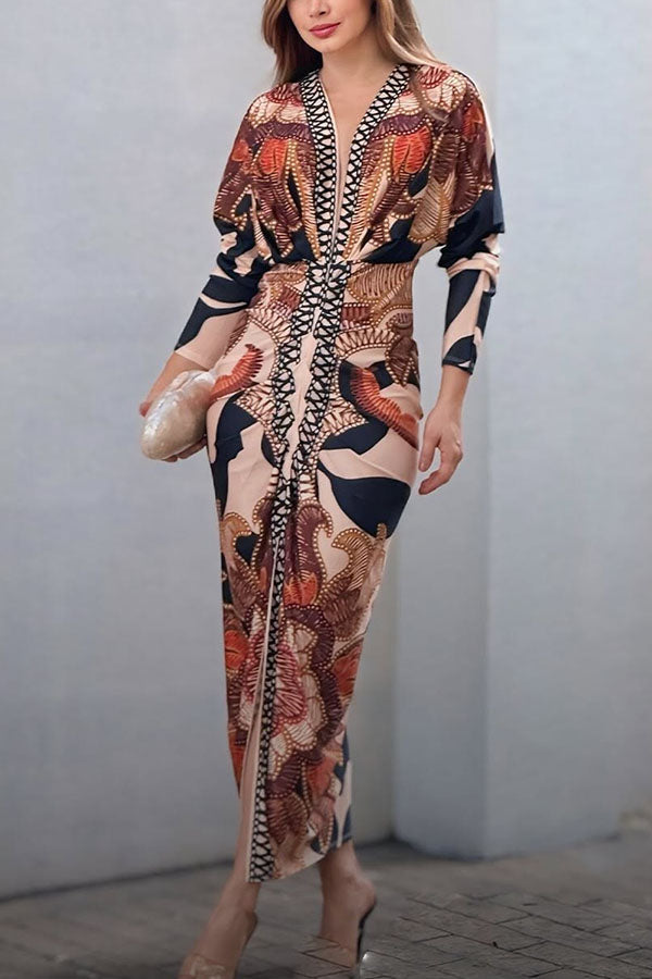 Vestido midi brasileño único con estampado de murciélago y mangas largas plisadas-ES