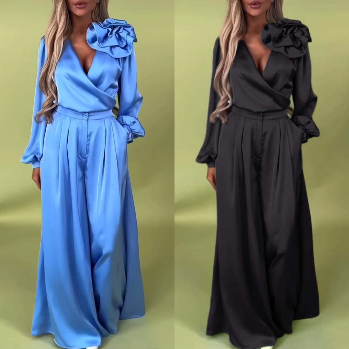 Lujoso conjunto con camisa de satén y pantalón ancho.-ES