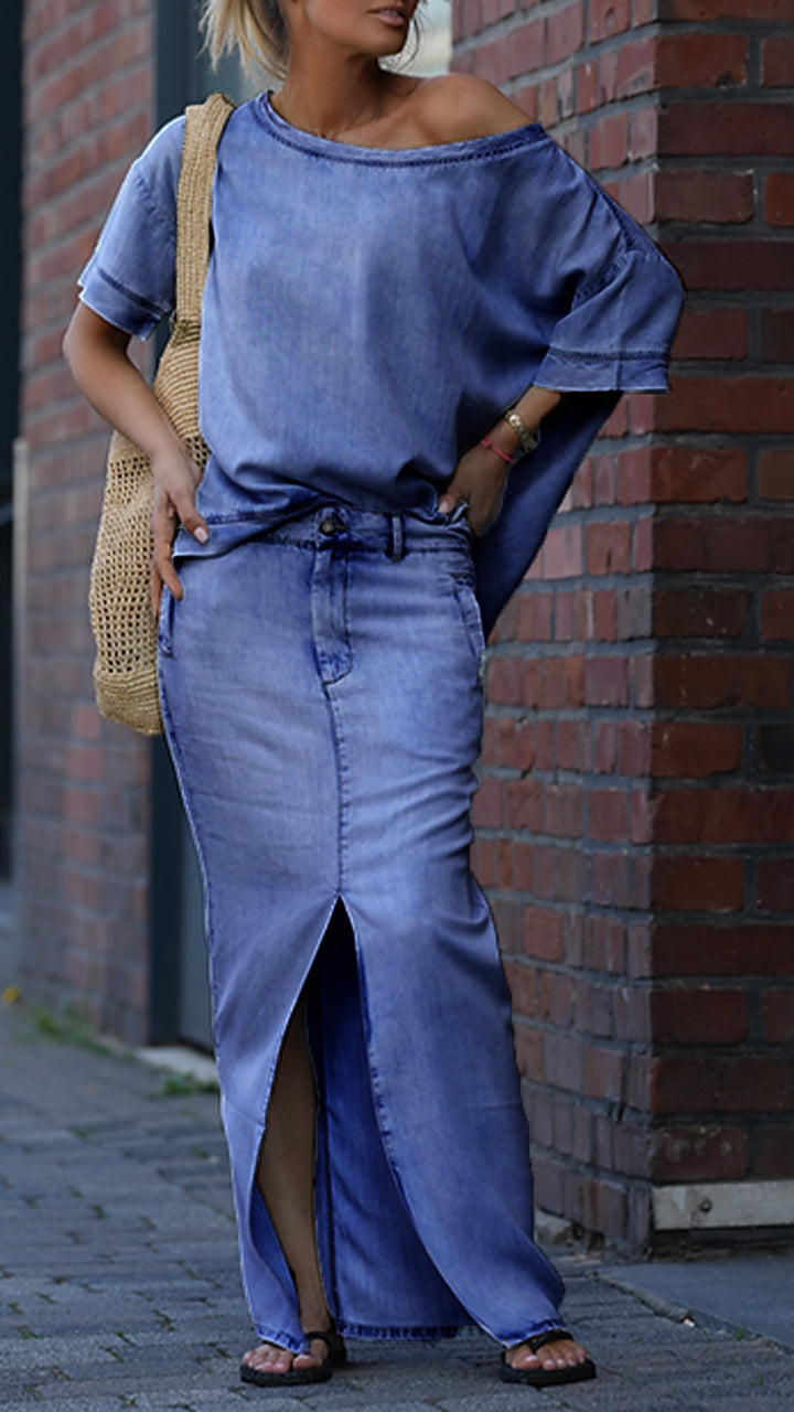 Traje casual de cuello redondo para mujer en denim Tencel-ES