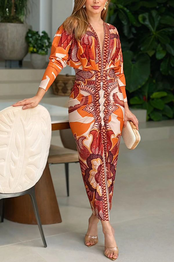 Vestido midi brasileño único con estampado de murciélago y mangas largas plisadas-ES