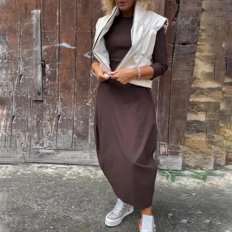 Paprasta elegantiška suknelė moterims su kišenėmis-LT