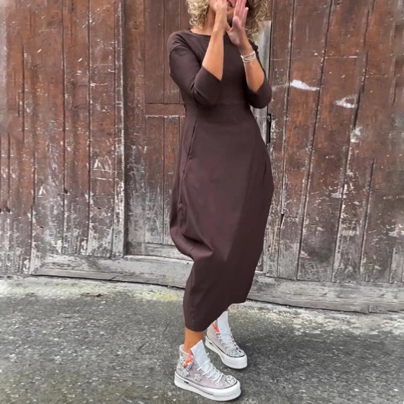 Paprasta elegantiška suknelė moterims su kišenėmis-LT