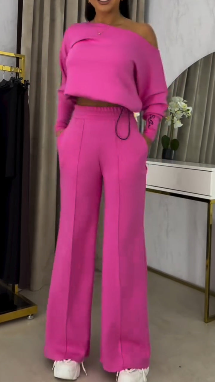 Γυναικείο κοστούμι με φαρδιά μπλούζα με έξω τους ώμους και casual παντελόνι-GR