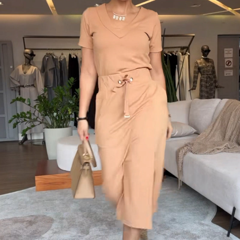 💥Conjunto de camiseta con cuello en V y falda midi para mujer👗-ES