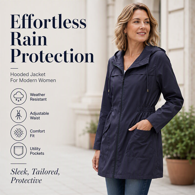 🌧️✨ Moteriška neperšlampama vėjo striukė su gobtuvu - reguliuojamas juosmuo, praktiškos kišenės ir stilinga neperšlampama striukė-LT