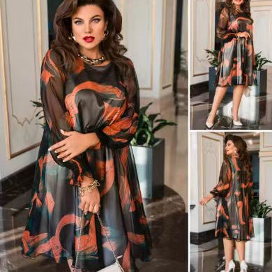 👗Padajoča obleka z okroglim izrezom z dolgimi rokavi in potiskom-SI