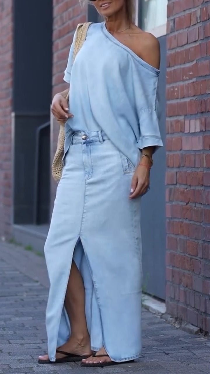 Traje casual de cuello redondo para mujer en denim Tencel-ES