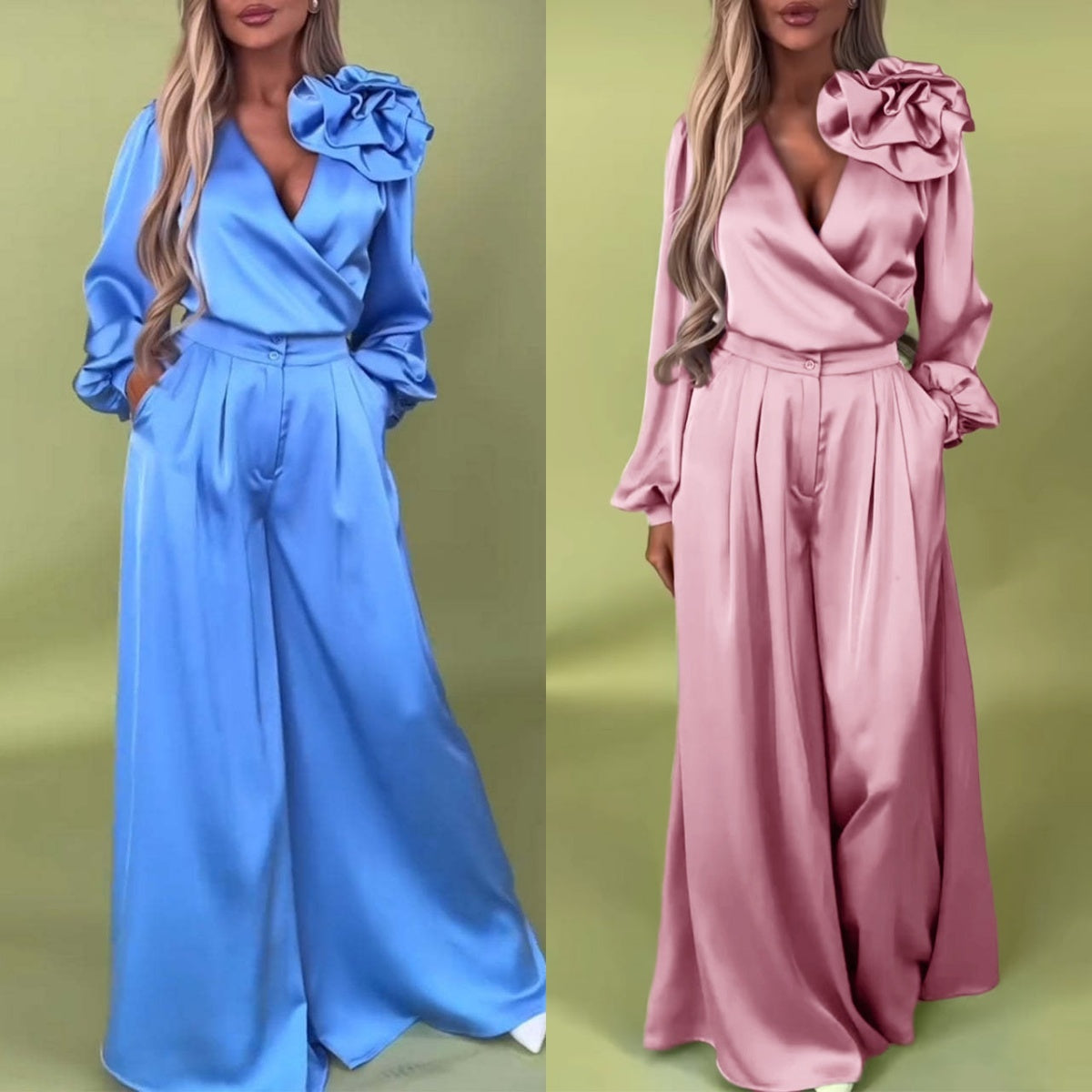 Lujoso conjunto con camisa de satén y pantalón ancho.-ES