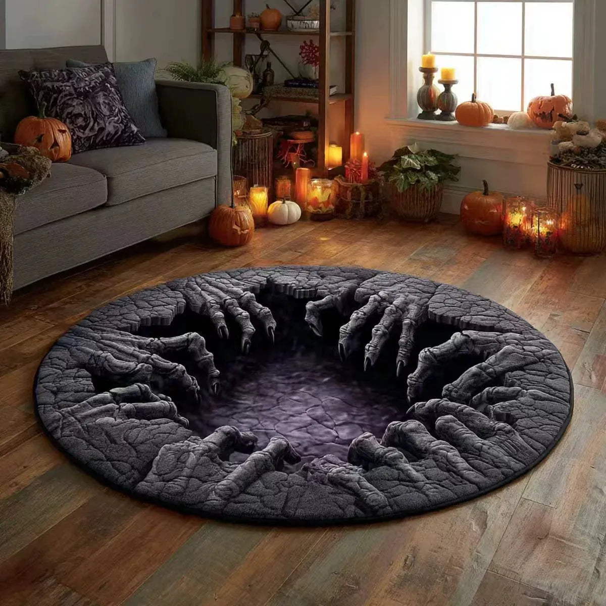 🔥Paskutinis išpardavimas🎃Dygsniuotas apvalus Helovino kilimėlis su 3D skeletu ir sūkuriu-LT