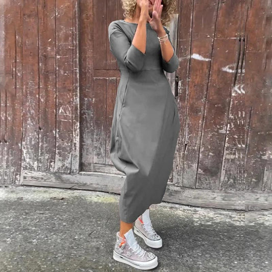 Paprasta elegantiška suknelė moterims su kišenėmis-LT