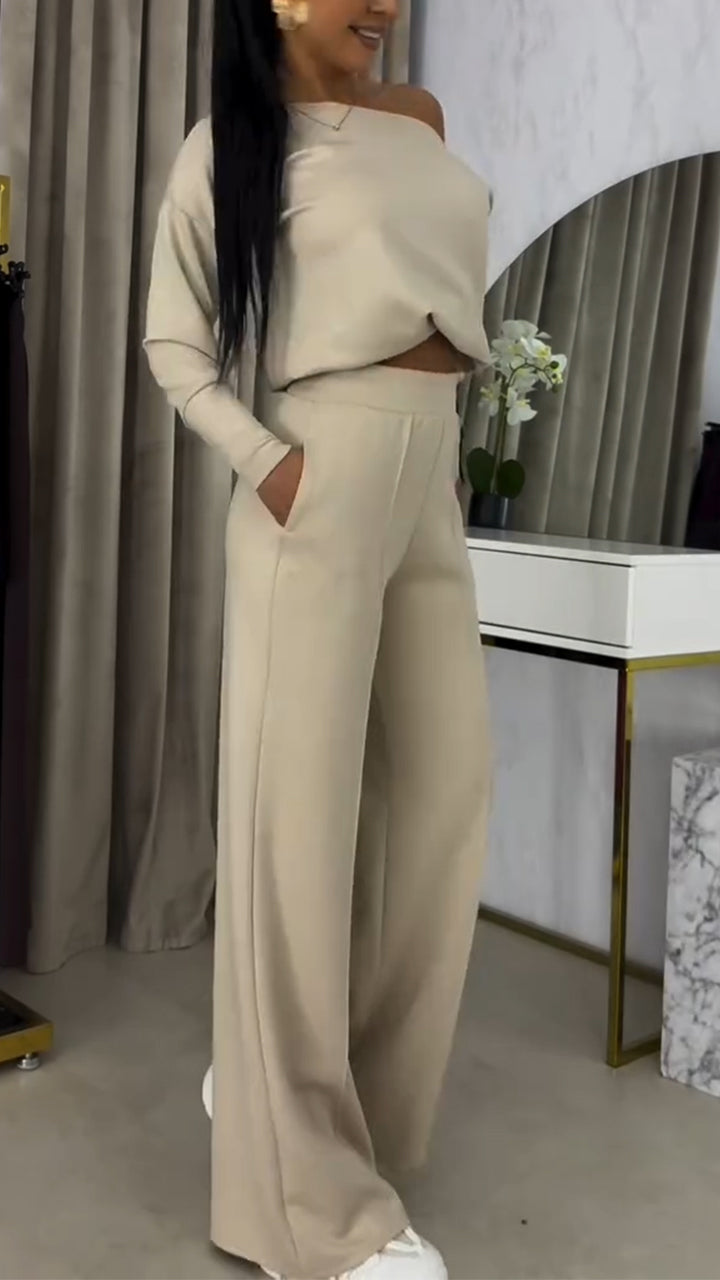 Γυναικείο κοστούμι με φαρδιά μπλούζα με έξω τους ώμους και casual παντελόνι-GR