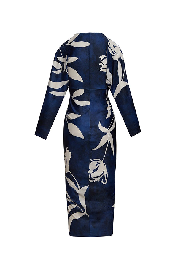 Vestido midi brasileño único con estampado de murciélago y mangas largas plisadas-ES