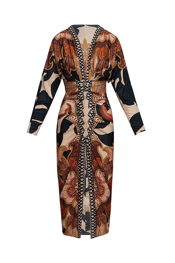 Vestido midi brasileño único con estampado de murciélago y mangas largas plisadas-ES