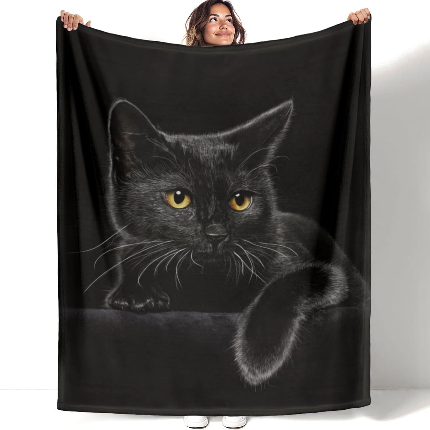 Adorable manta de franela con estampado de gato negro.-ES