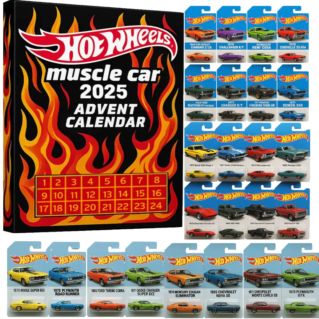 🔥Vroča razprodaja - 50 % POPUST🔥 - 🚗Adventni koledar avtomobilčkov Hot Wheels Muscle - 24 DNI 2025🎄-SI