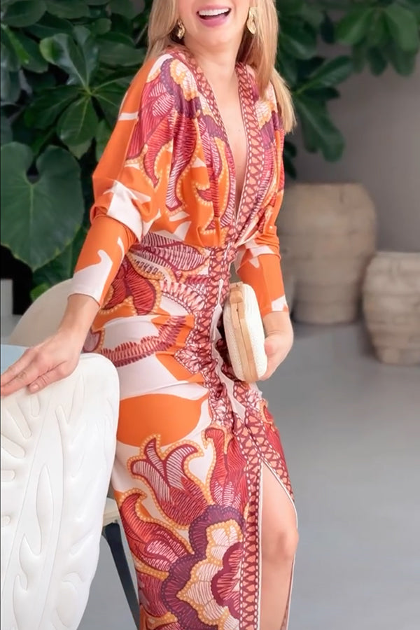 Vestido midi brasileño único con estampado de murciélago y mangas largas plisadas-ES