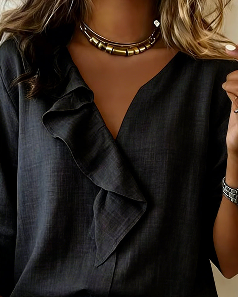 Vienspalvė ilgomis rankovėmis palaidinė su raukiniais-LT