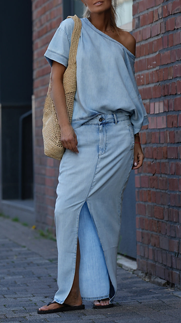 Traje casual de cuello redondo para mujer en denim Tencel-ES
