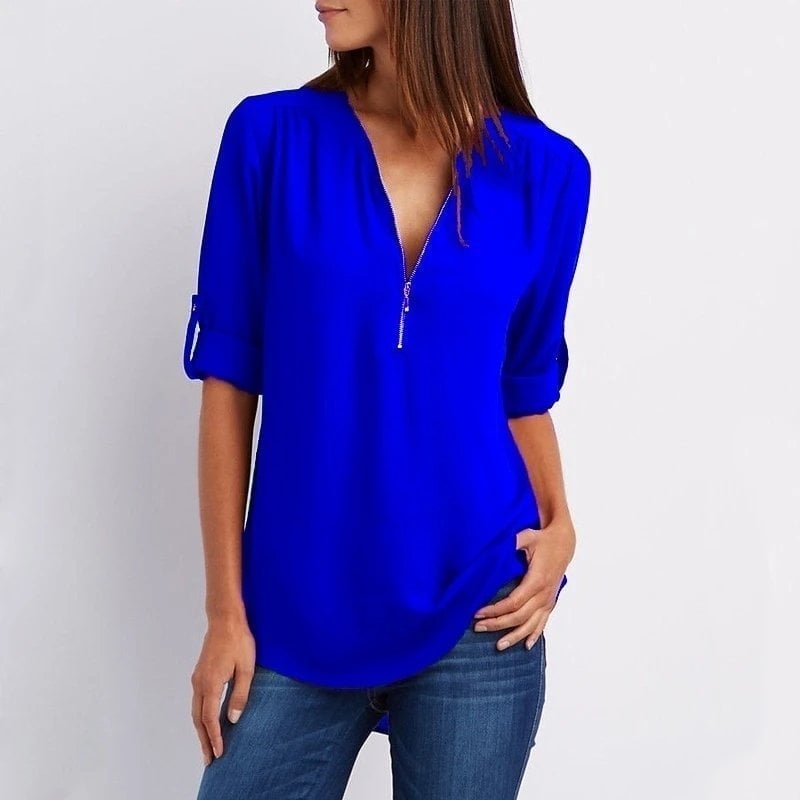 💟Blusa holgada de talla grande con mangas 3/4 y cremallera-ES