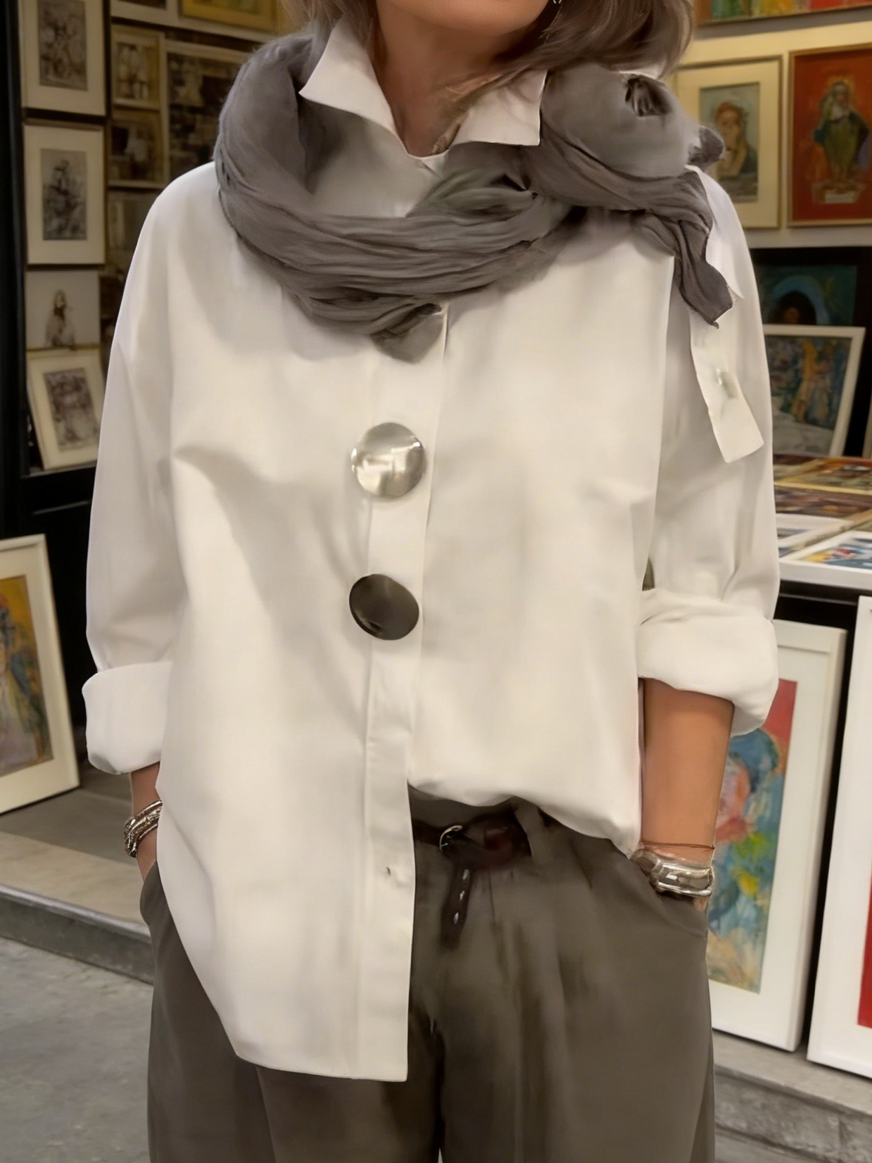 Κομψή μπλούζα από βαμβάκι και λινό με όρθιο γιακά και μεταλλικά κουμπιά-GR