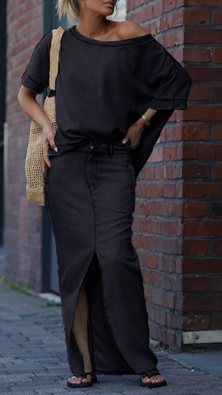 Traje casual de cuello redondo para mujer en denim Tencel-ES