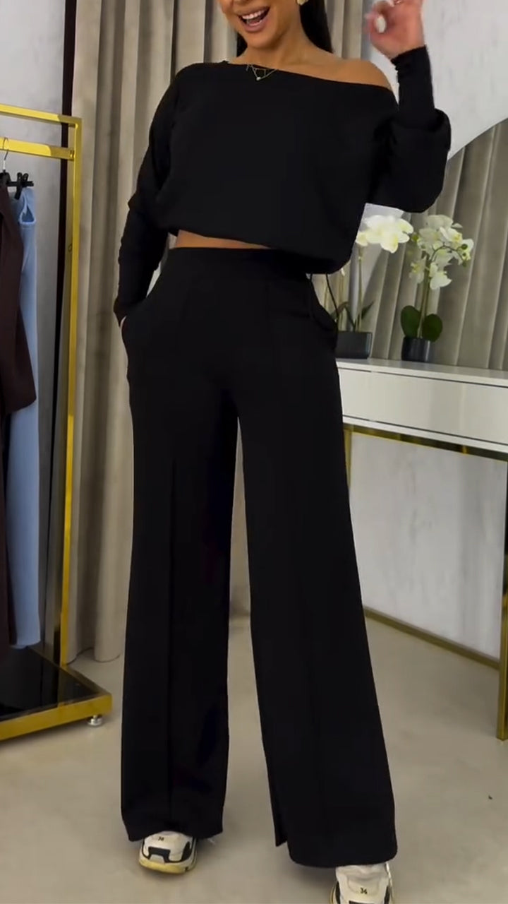 Γυναικείο κοστούμι με φαρδιά μπλούζα με έξω τους ώμους και casual παντελόνι-GR