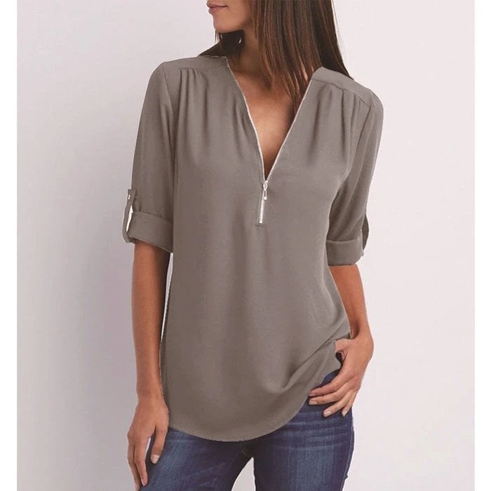 💟Blusa holgada de talla grande con mangas 3/4 y cremallera-ES