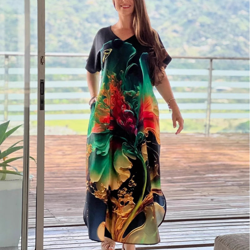 Vestido holgado e informal de mujer con escote en V, estampado y mangas cortas.-ES