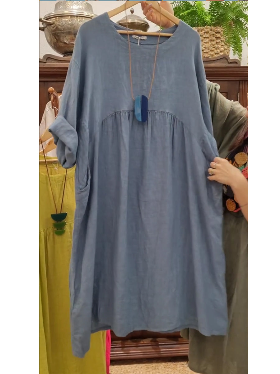 Vestido de bolsillo de algodón y lino para mujer-ES