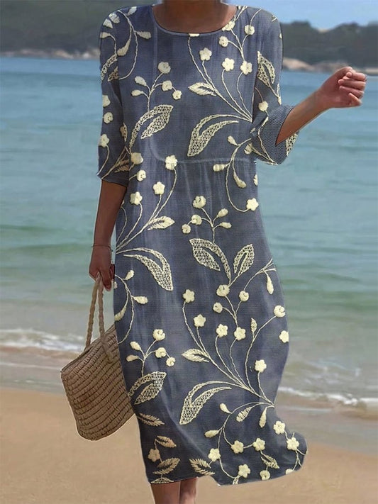Vestido de algodón y lino con estampado floral y cuello redondo de color liso para mujer-ES