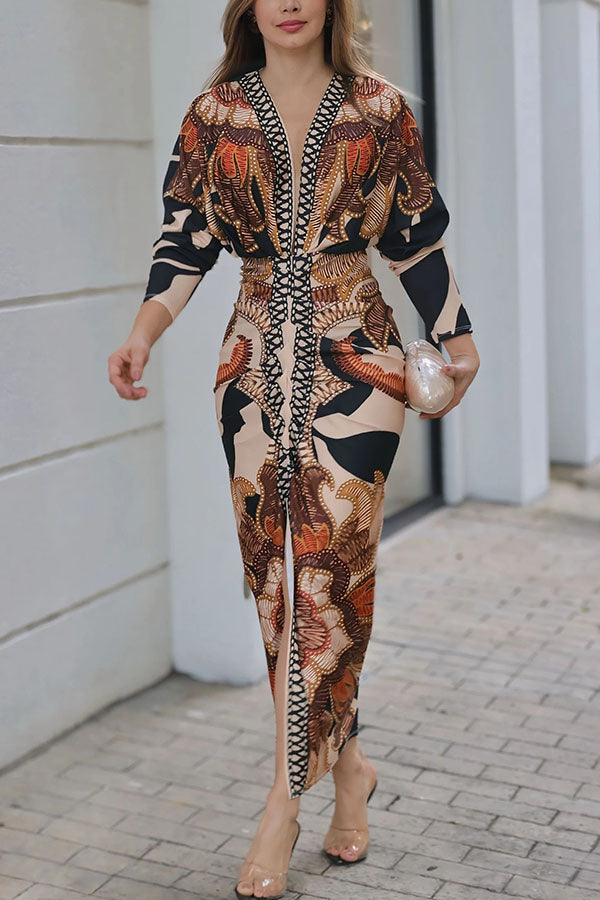 Vestido midi brasileño único con estampado de murciélago y mangas largas plisadas-ES