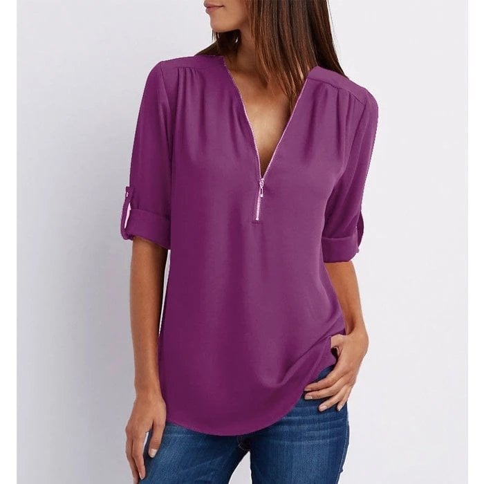 💟Blusa holgada de talla grande con mangas 3/4 y cremallera-ES