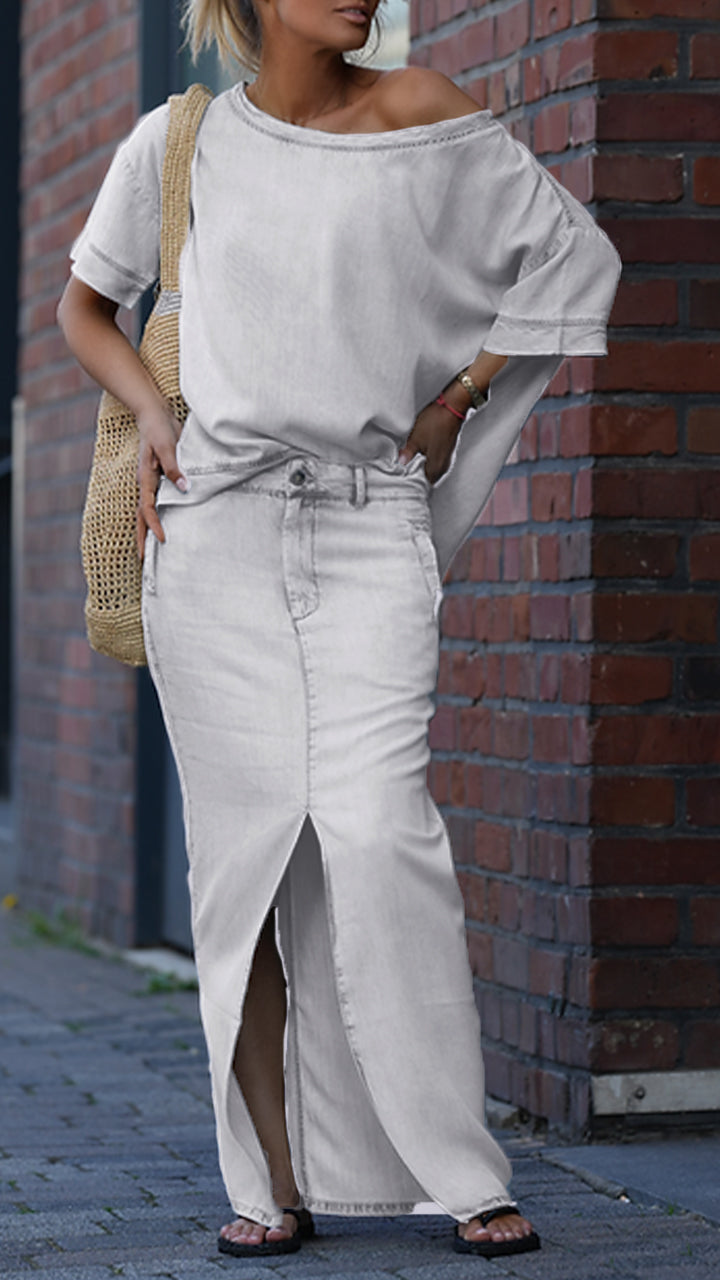 Traje casual de cuello redondo para mujer en denim Tencel-ES