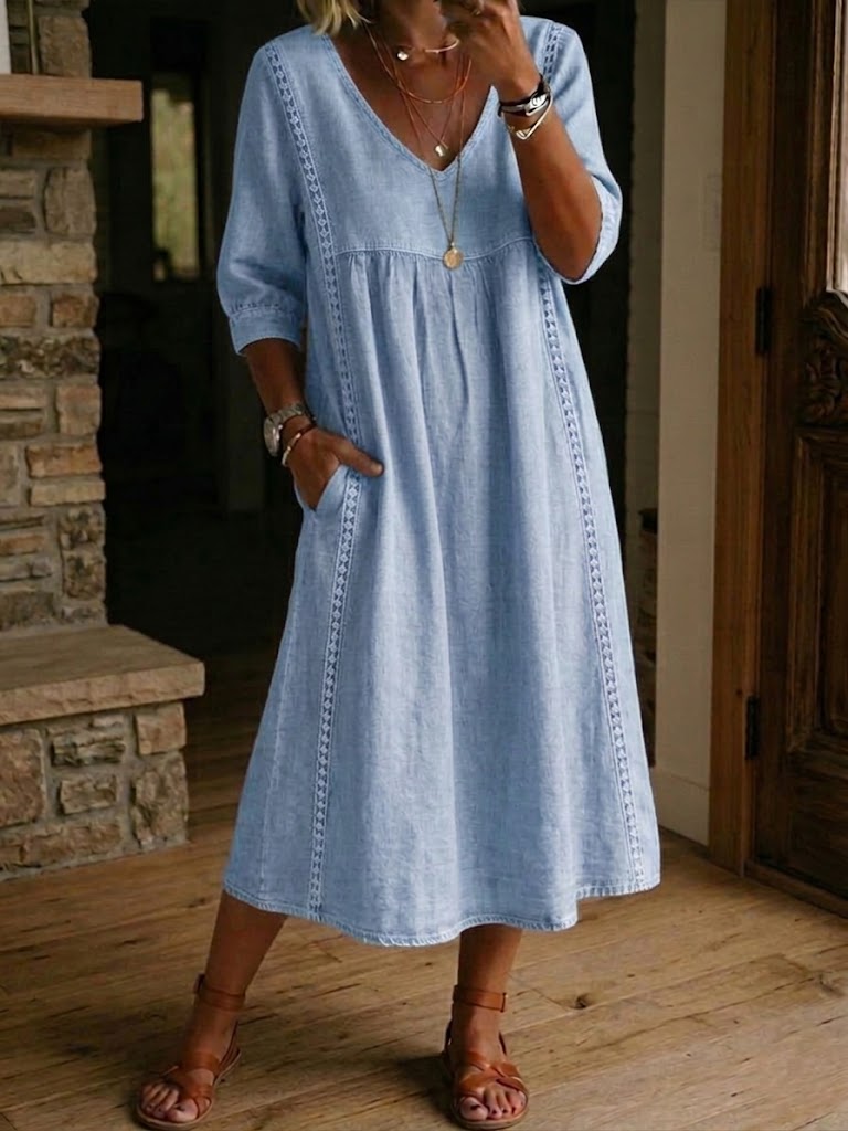 Laisva, kasdieniška suknelė iš lininio ir medvilninio audinio su nėrinių apdaila.-LT