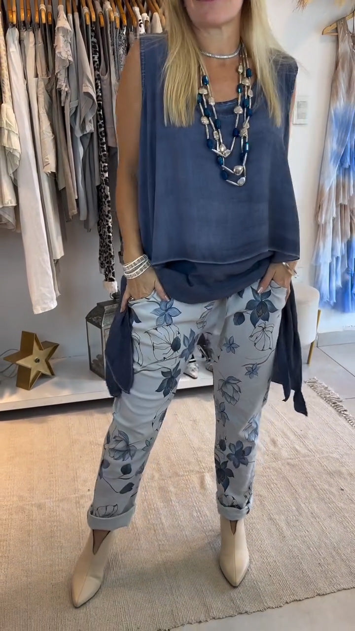 Netaisyklingos vientisos spalvos moteriškos kelnės su apvaliu kaklu be rankovių su marginta dvigubu dugnu-LT