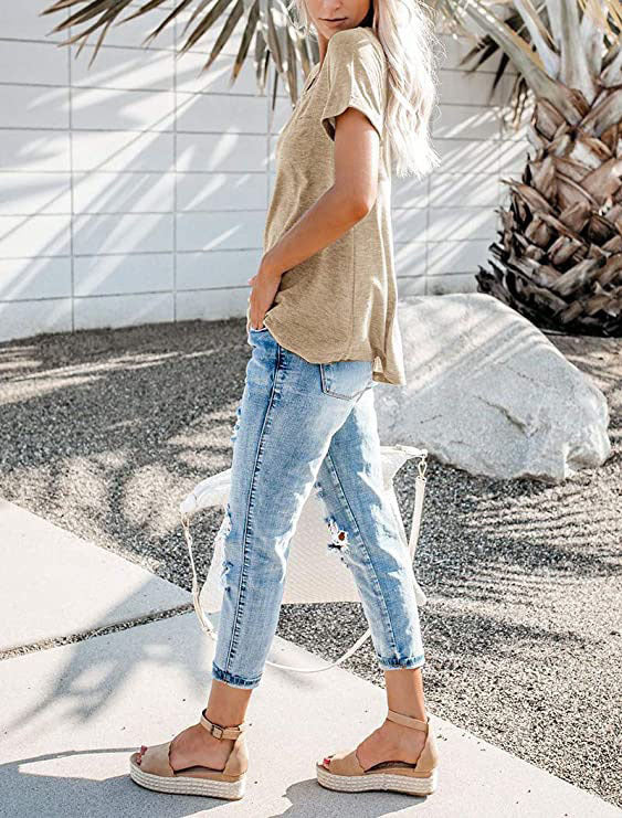 🌈 Μονόχρωμο κοντομάνικο μπλουζάκι με τσέπες, νέο καλοκαιρινό στυλ-GR