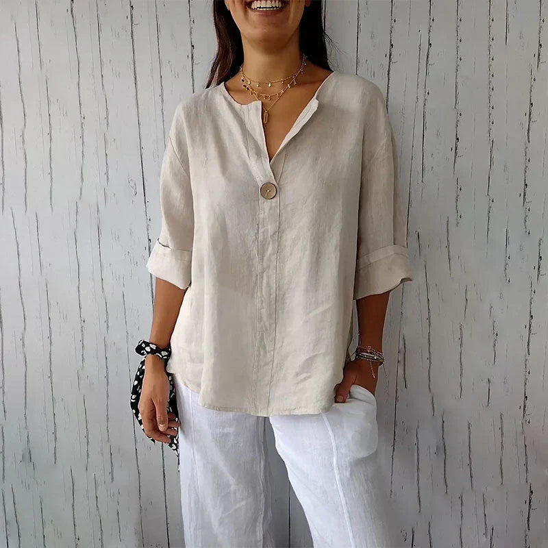 🌸 Cómodo top de mujer de lino y algodón con escote en pico🍃-ES
