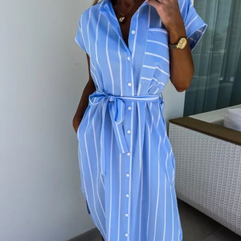 🔥Vestidos camiseros casuales con bolsillos de rayas para mujer-ES